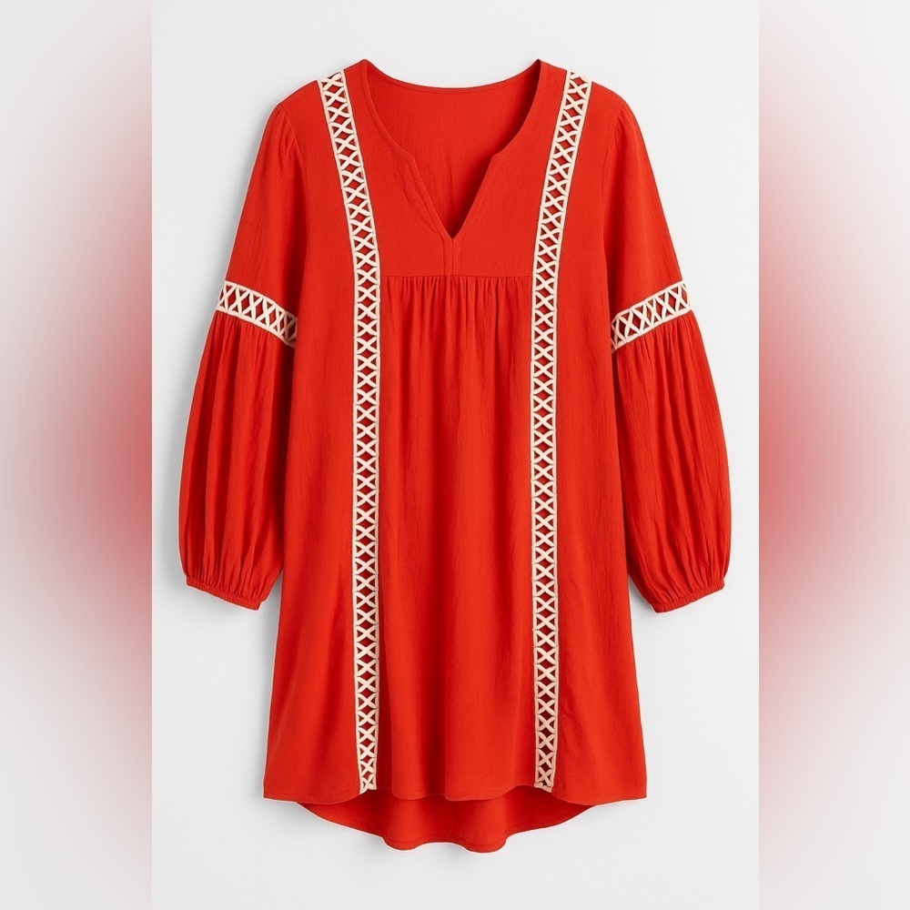Coral Orange Boho Tunic Dress Crochet Lace Detail Balloon Sleeve Top EUC M #1304